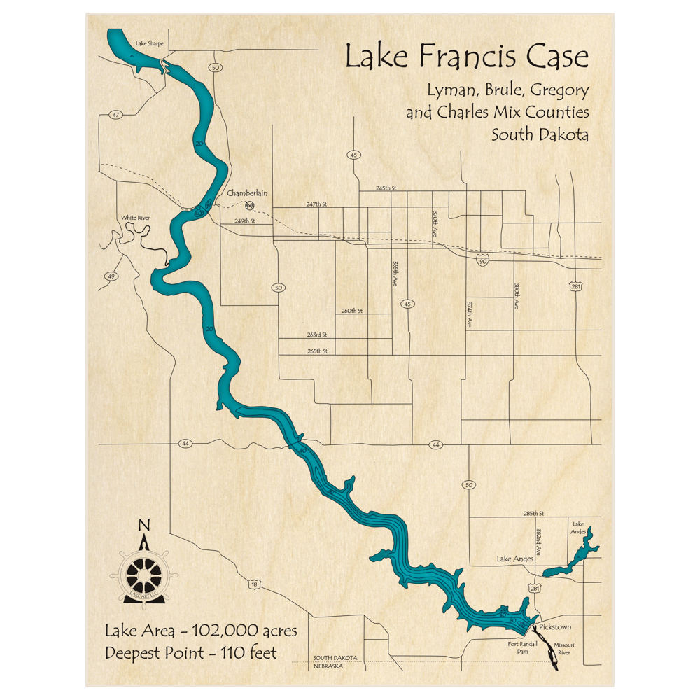 Bathymetric topo map of Lake Francis Case with roads, towns and depths noted in blue water