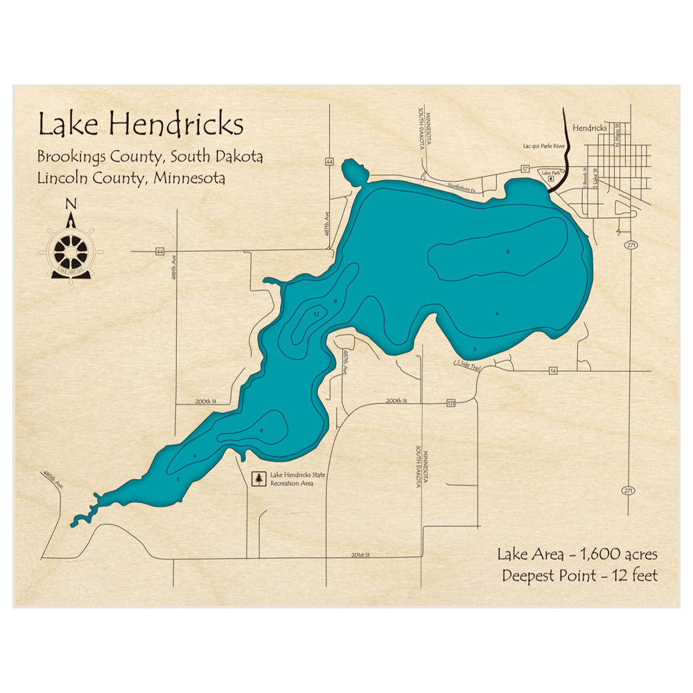 Bathymetric topo map of Lake Hendricks with roads, towns and depths noted in blue water