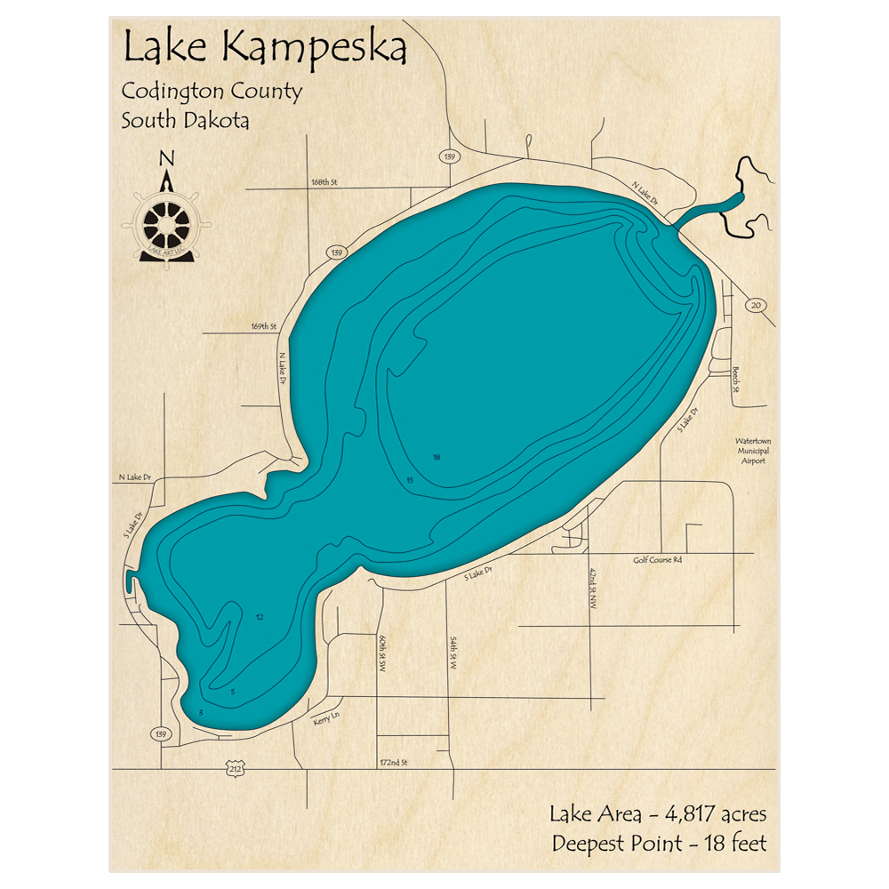 Bathymetric topo map of Lake Kampeska with roads, towns and depths noted in blue water