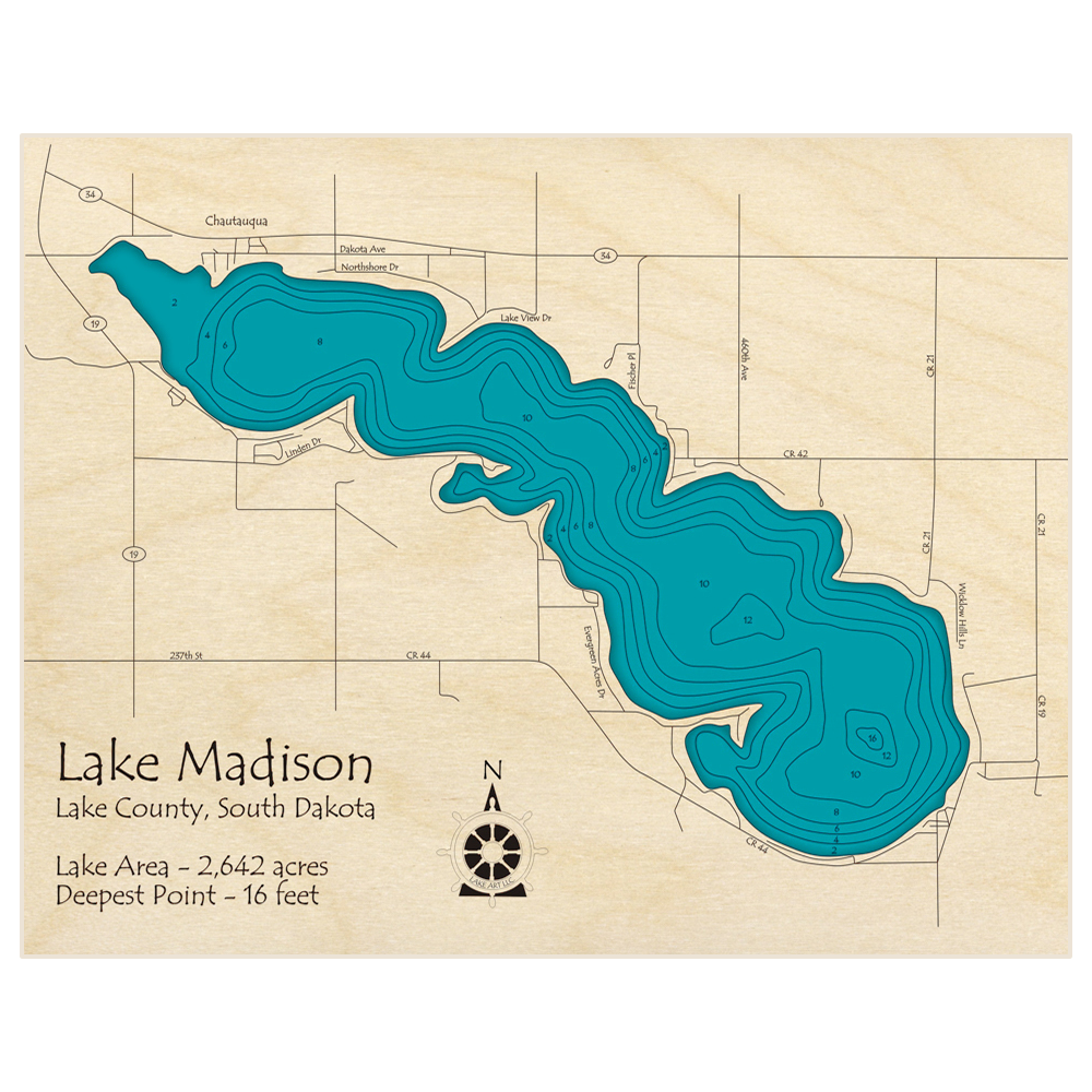 Bathymetric topo map of Lake Madison with roads, towns and depths noted in blue water