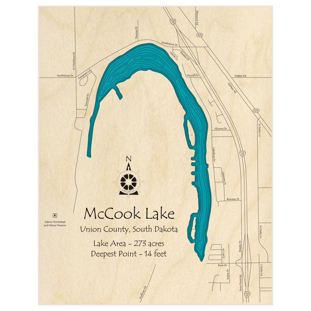 Bathymetric topo map of McCook Lake  with roads, towns and depths noted in blue water