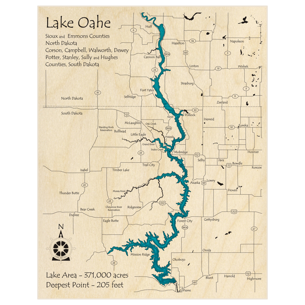 Bathymetric topo map of Lake Oahe with roads, towns and depths noted in blue water