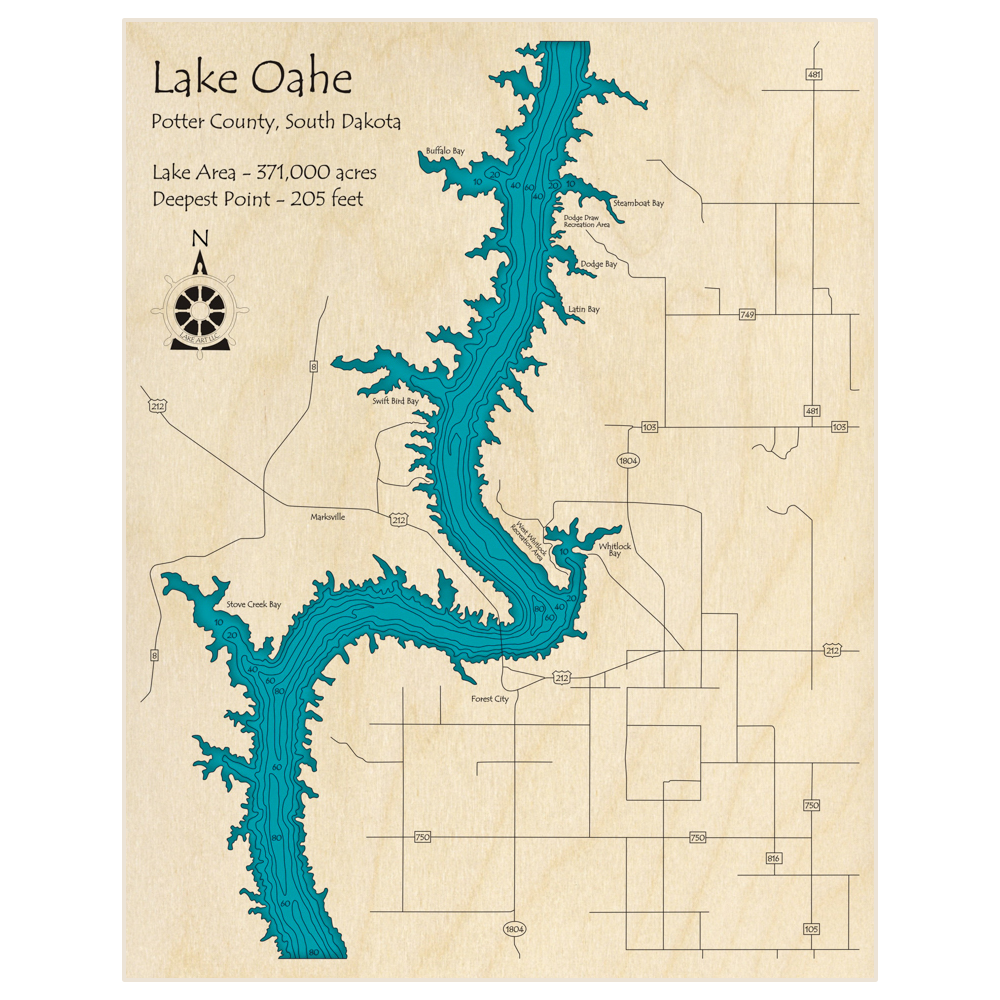 Bathymetric topo map of Lake Oahe (Potter County Section Only) with roads, towns and depths noted in blue water