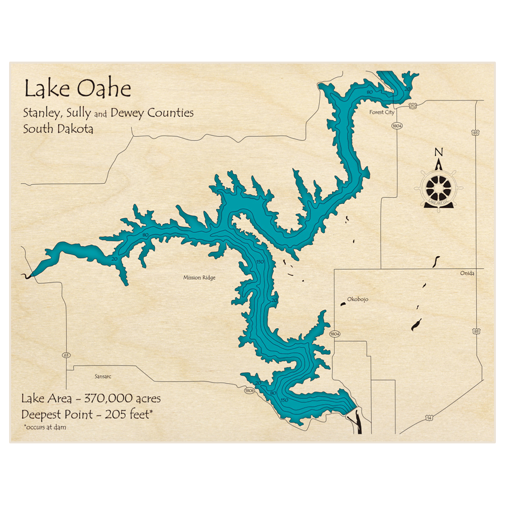 Bathymetric topo map of Oahe (Southern Section) with roads, towns and depths noted in blue water