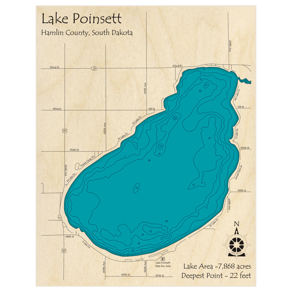 Bathymetric topo map of Lake Poinsett with roads, towns and depths noted in blue water