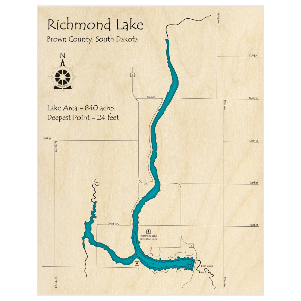 Bathymetric topo map of Richmond Lake with roads, towns and depths noted in blue water