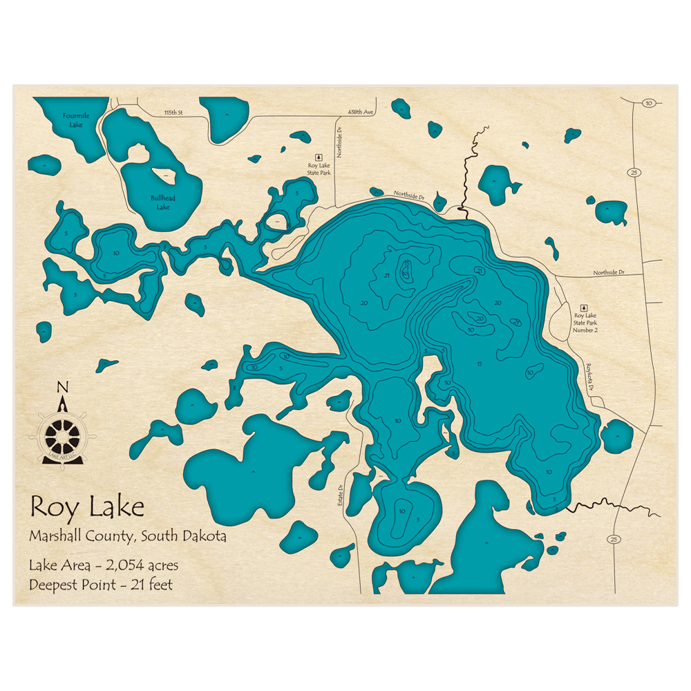 Bathymetric topo map of Roy Lake with roads, towns and depths noted in blue water