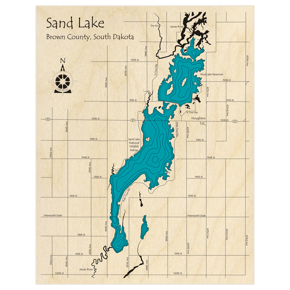 Bathymetric topo map of Sand Lake  with roads, towns and depths noted in blue water