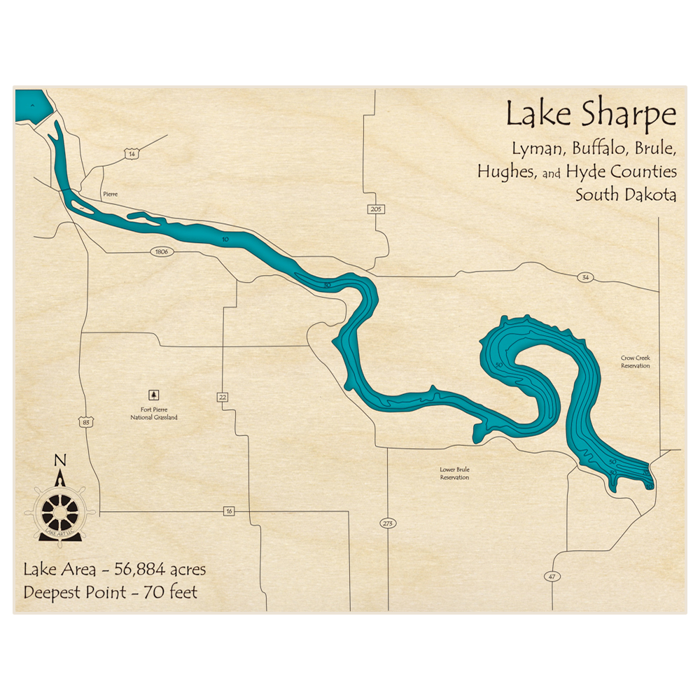 Bathymetric topo map of Lake Sharpe with roads, towns and depths noted in blue water