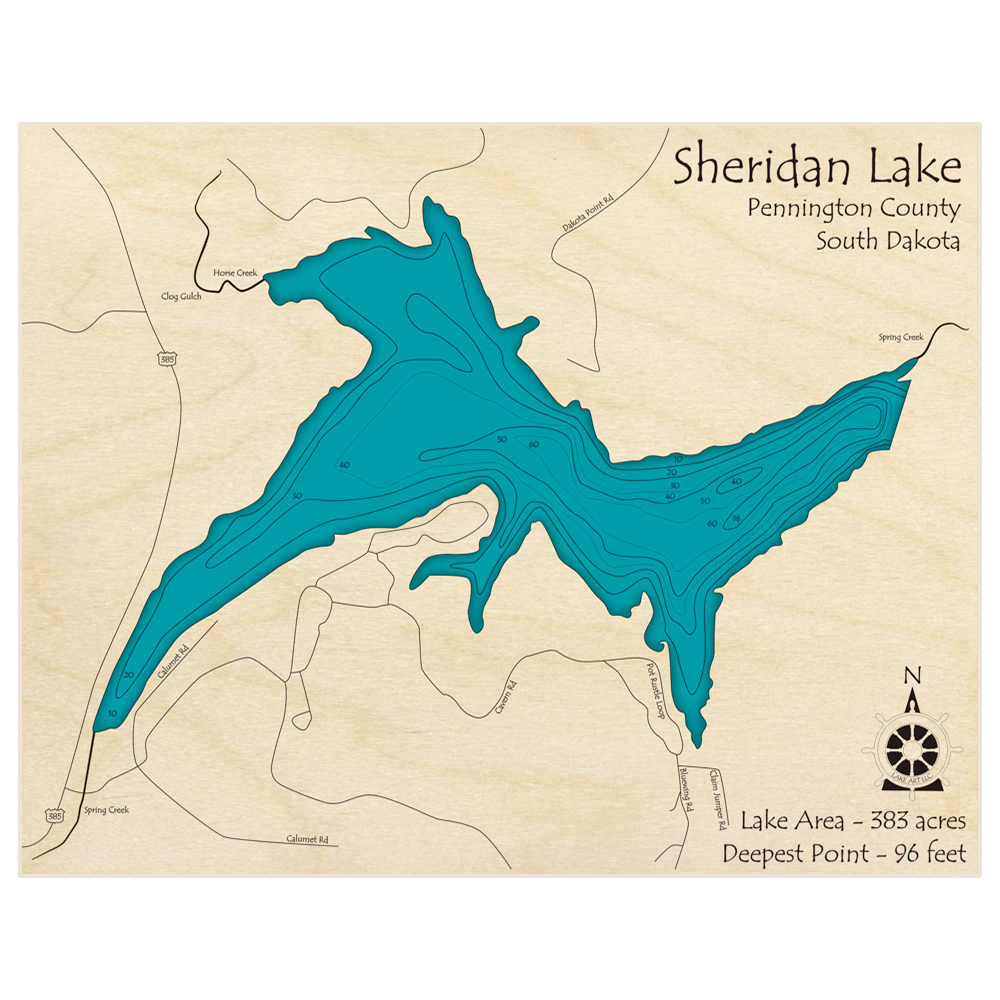Bathymetric topo map of Sheridan Lake with roads, towns and depths noted in blue water