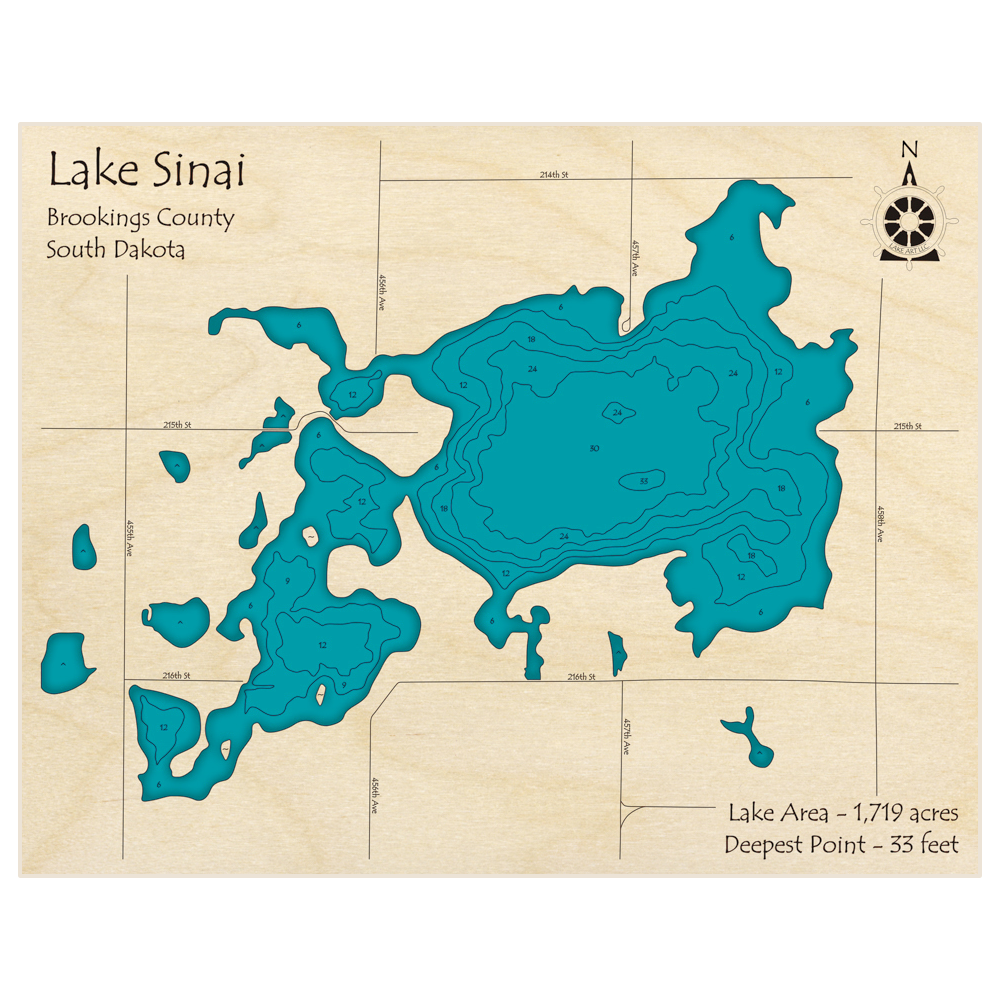 Bathymetric topo map of Lake Sinai with roads, towns and depths noted in blue water