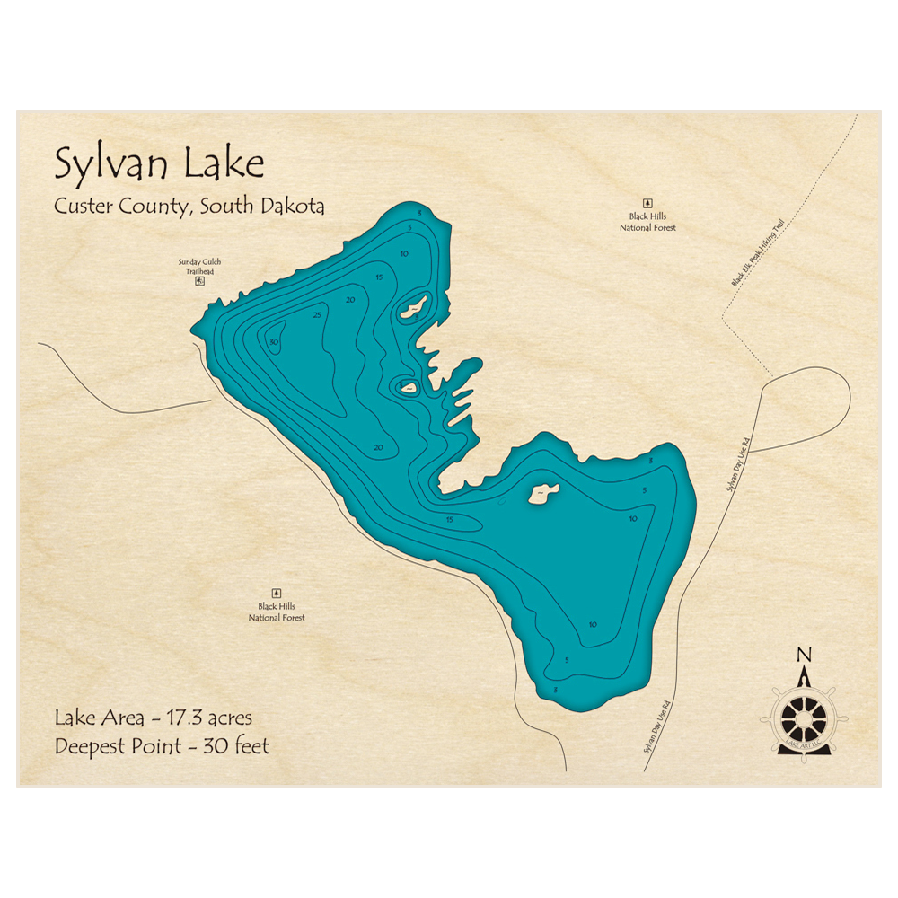 Bathymetric topo map of Sylvan Lake with roads, towns and depths noted in blue water