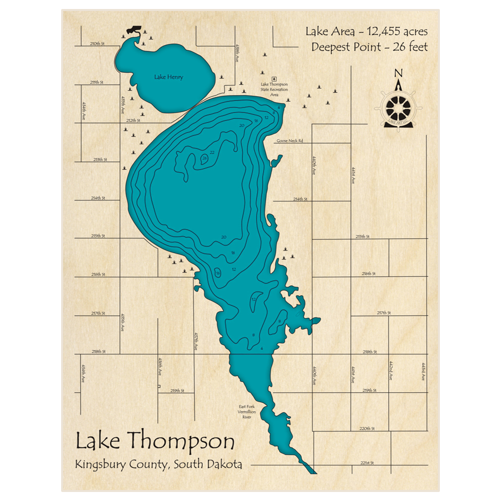 Bathymetric topo map of Lake Thompson with roads, towns and depths noted in blue water