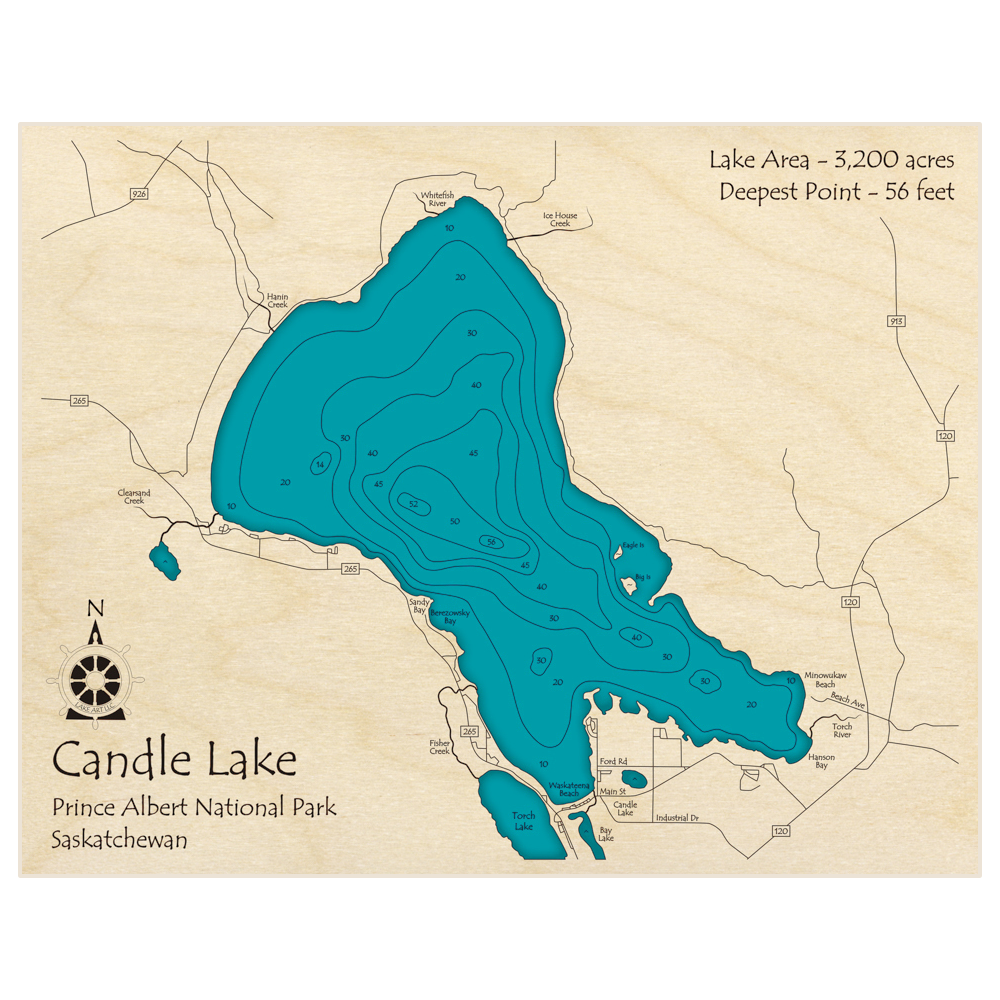 Bathymetric topo map of Candle Lake with roads, towns and depths noted in blue water