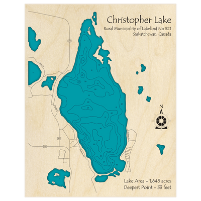Bathymetric topo map of Christopher Lake with roads, towns and depths noted in blue water