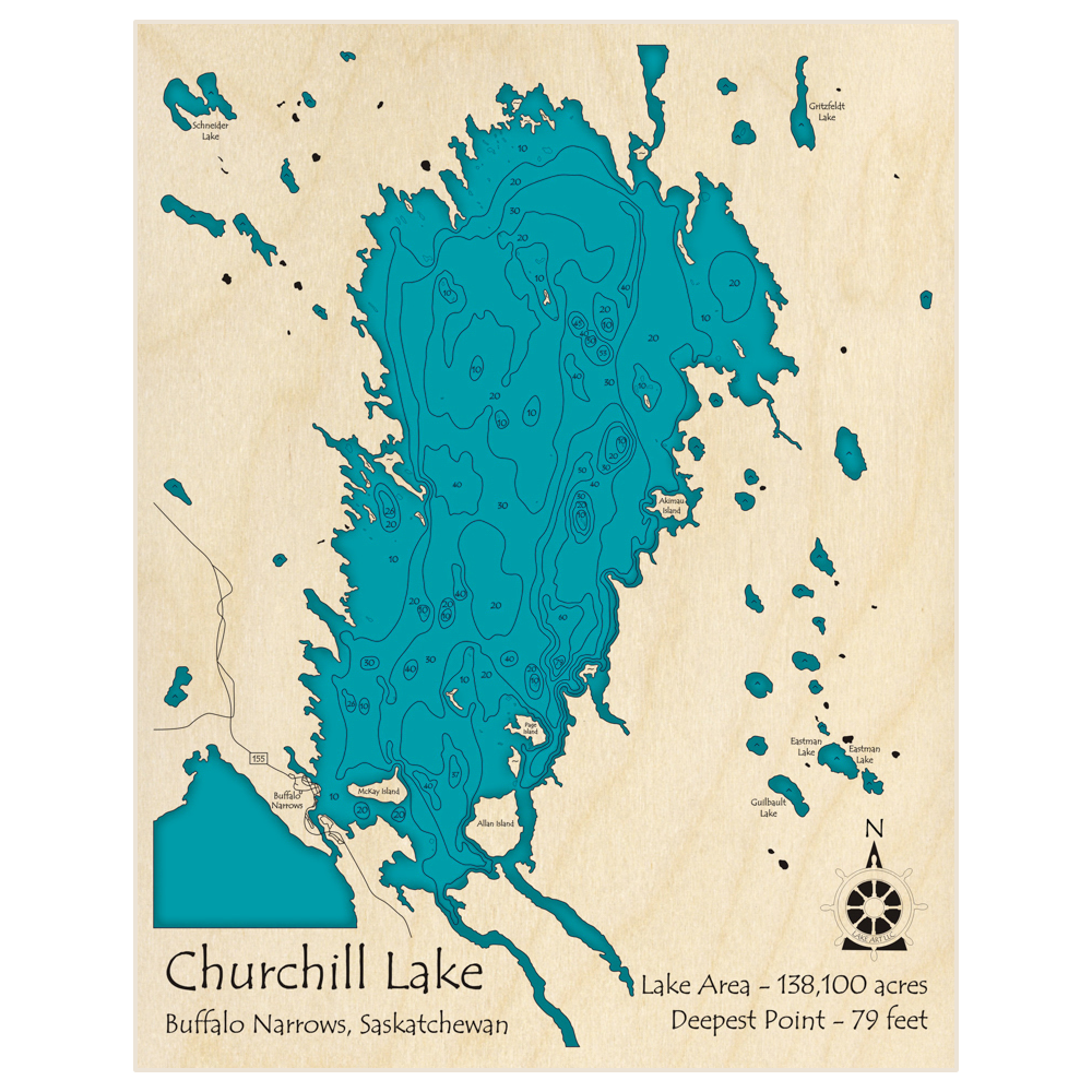 Bathymetric topo map of Churchill Lake with roads, towns and depths noted in blue water