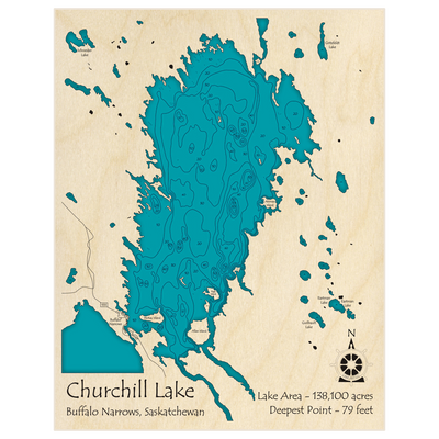 Bathymetric topo map of Churchill Lake with roads, towns and depths noted in blue water