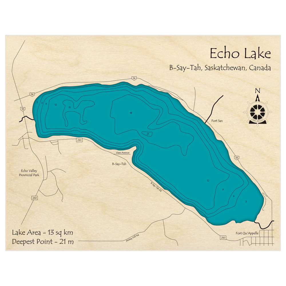 Bathymetric topo map of Echo Lake with roads, towns and depths noted in blue water