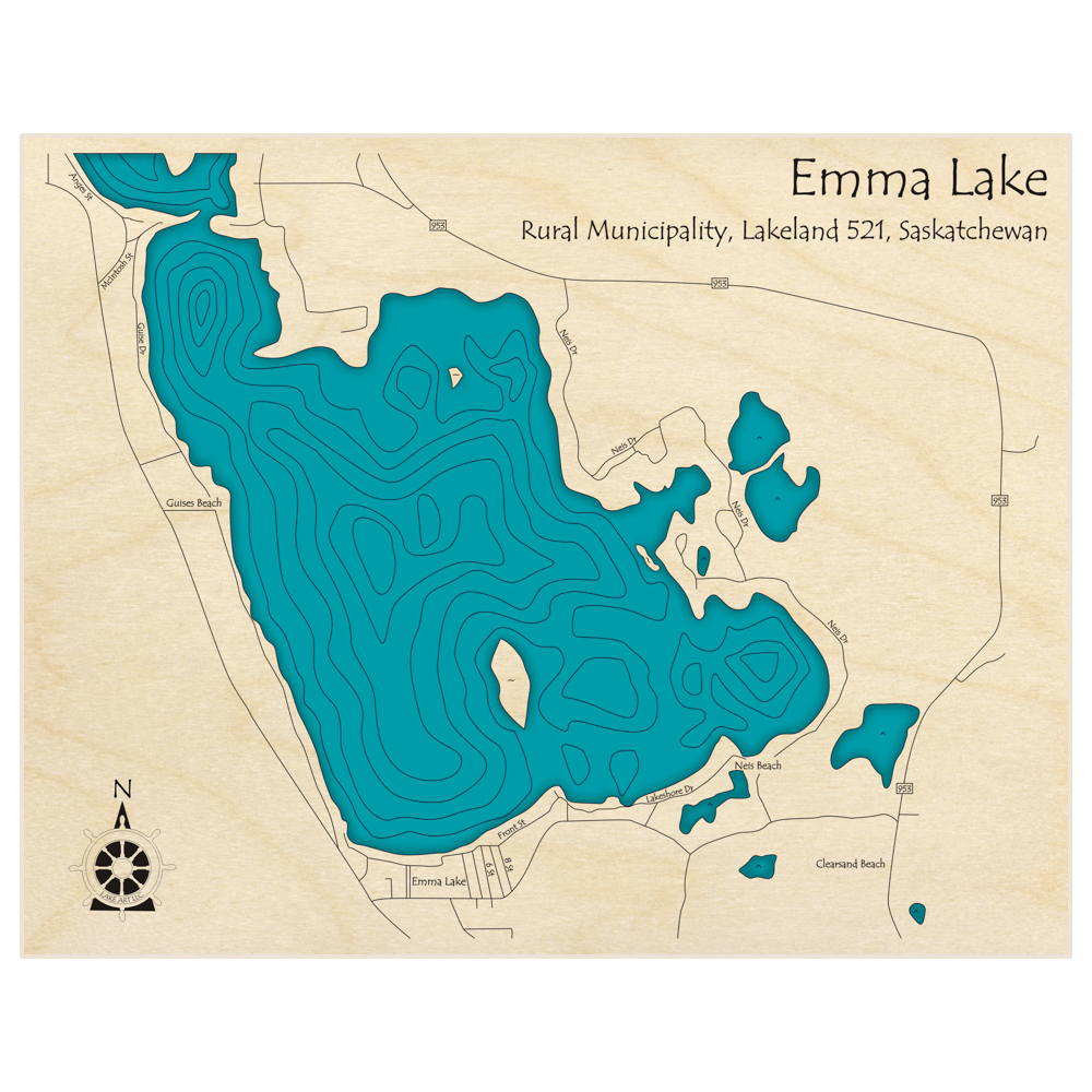 Bathymetric topo map of Emma Lake (Southern Section)  with roads, towns and depths noted in blue water