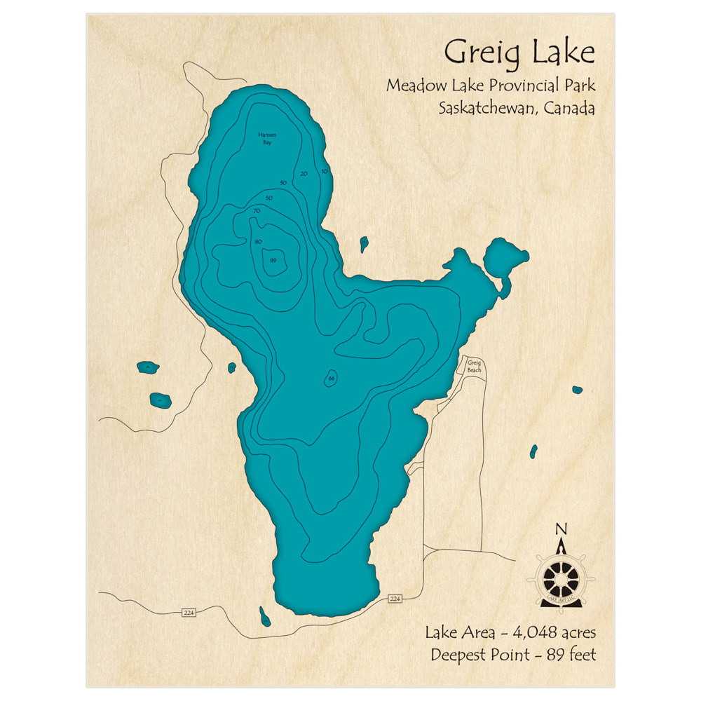 Bathymetric topo map of Greig Lake with roads, towns and depths noted in blue water