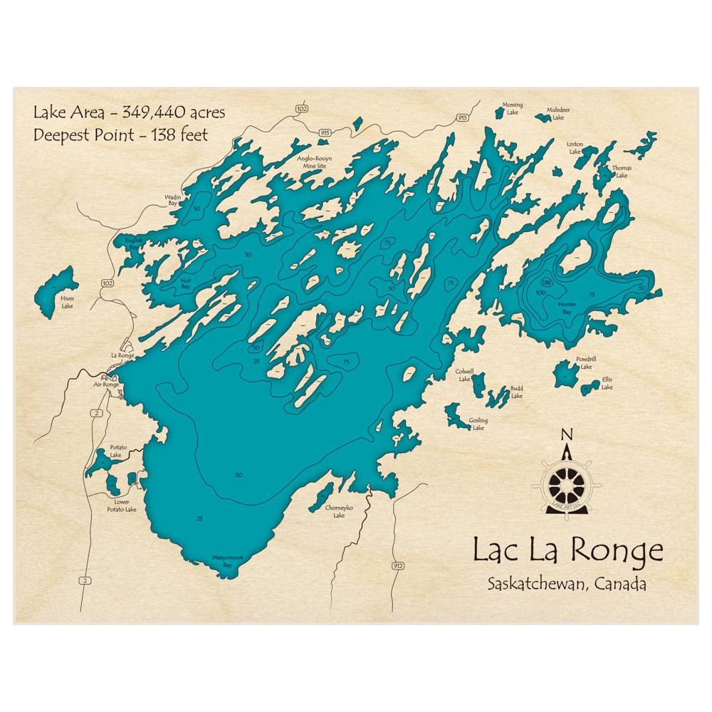 Bathymetric topo map of Lac La Ronge with roads, towns and depths noted in blue water