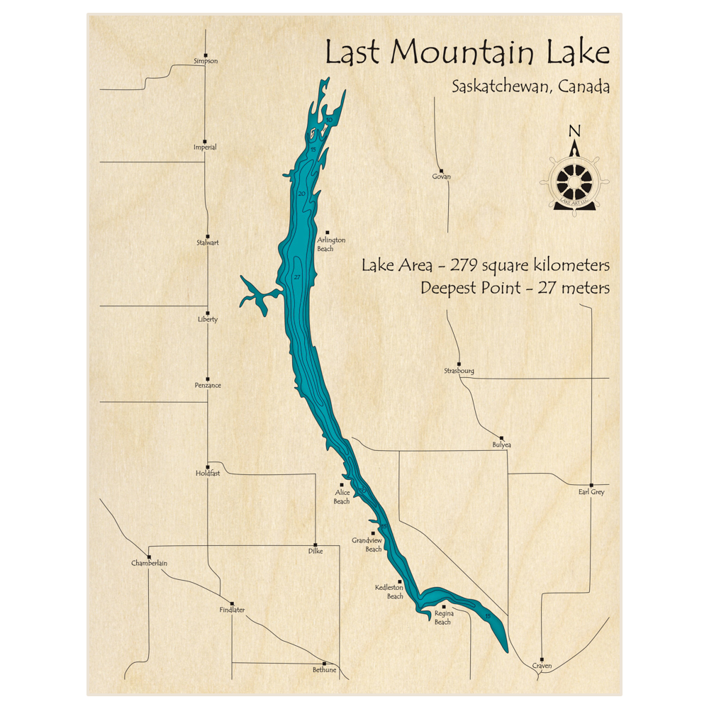 Bathymetric topo map of Last Mountain Lake with roads, towns and depths noted in blue water