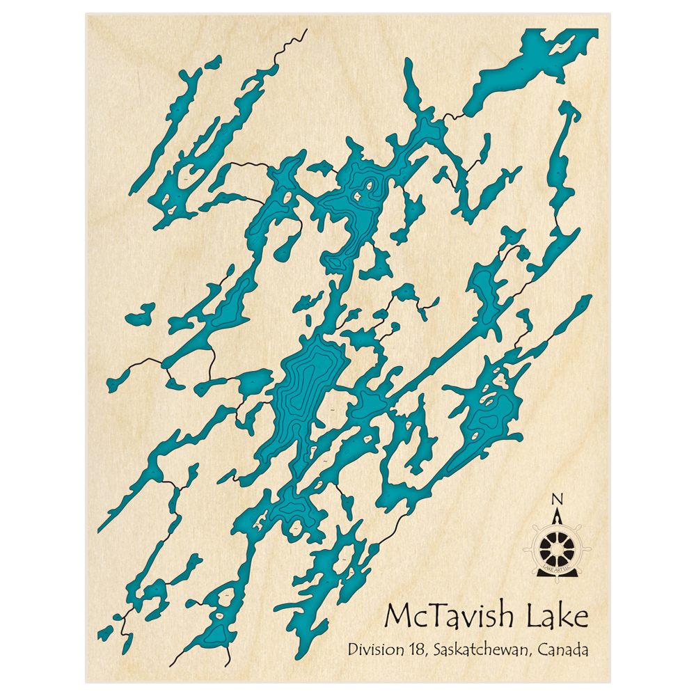 Bathymetric topo map of McTavish Lake  with roads, towns and depths noted in blue water