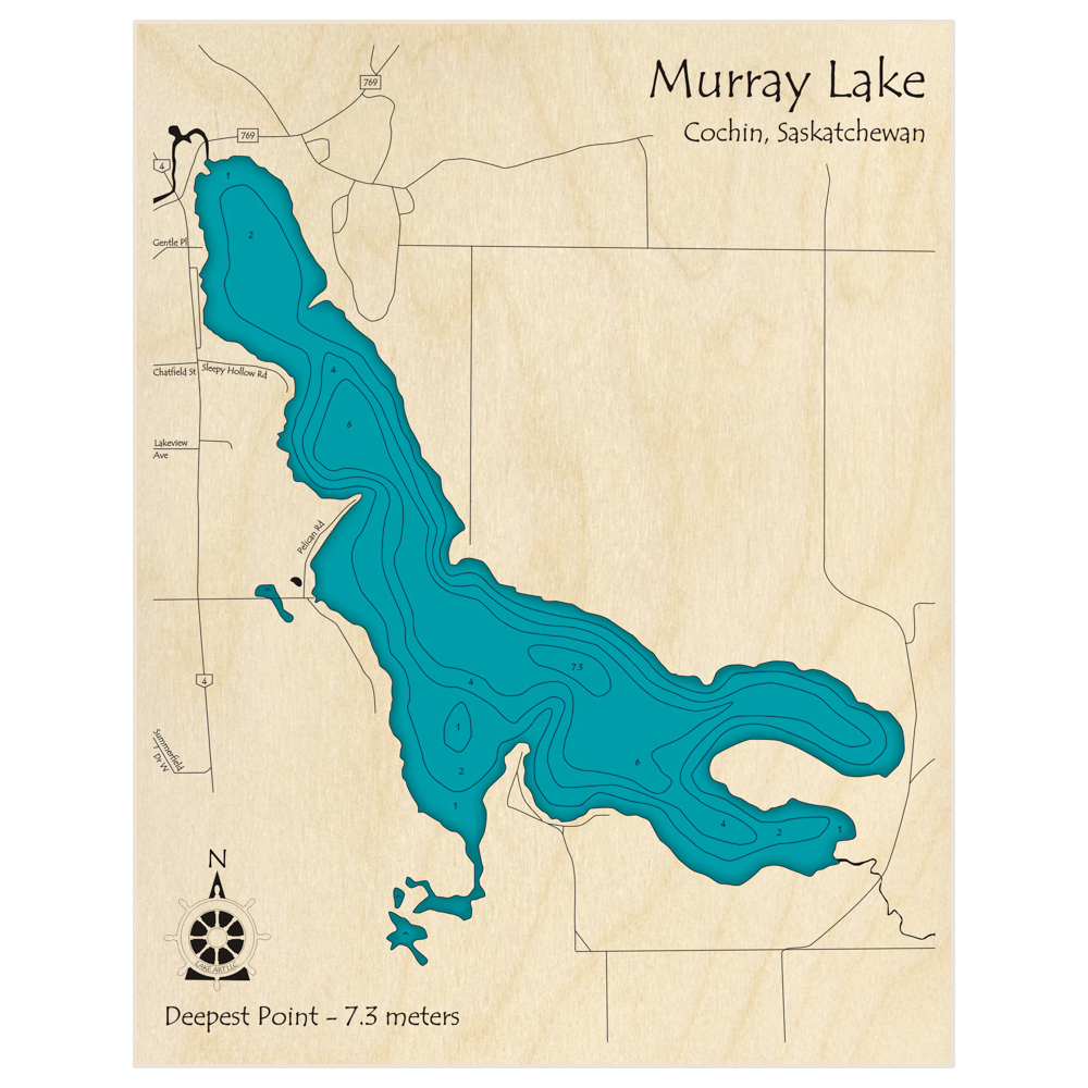 Bathymetric topo map of Murray Lake with roads, towns and depths noted in blue water
