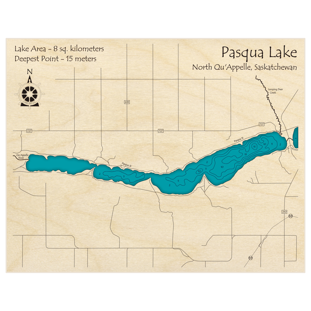 Bathymetric topo map of Pasqua Lake with roads, towns and depths noted in blue water