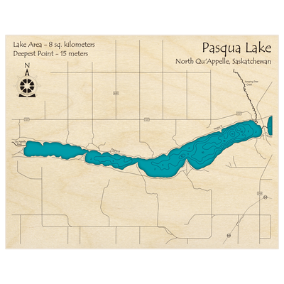 Bathymetric topo map of Pasqua Lake with roads, towns and depths noted in blue water