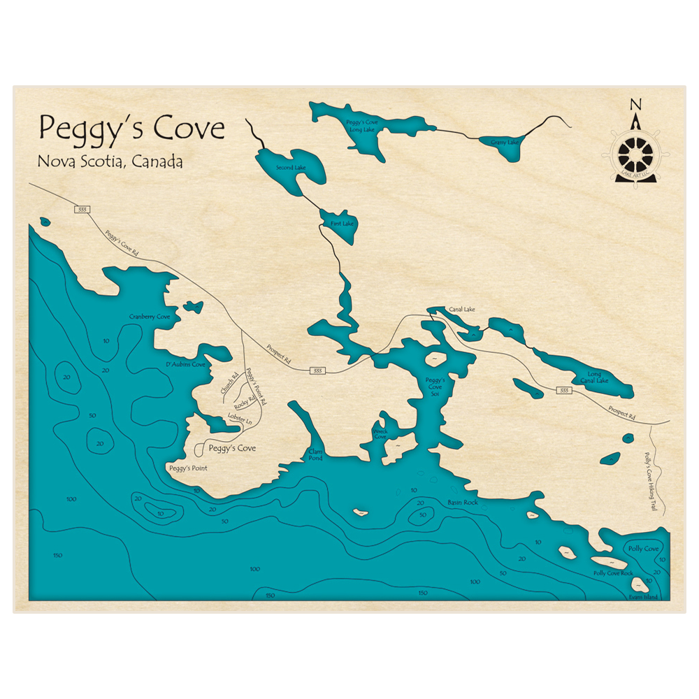 Bathymetric topo map of Peggys Cove with roads, towns and depths noted in blue water