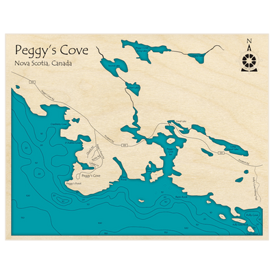 Bathymetric topo map of Peggys Cove with roads, towns and depths noted in blue water