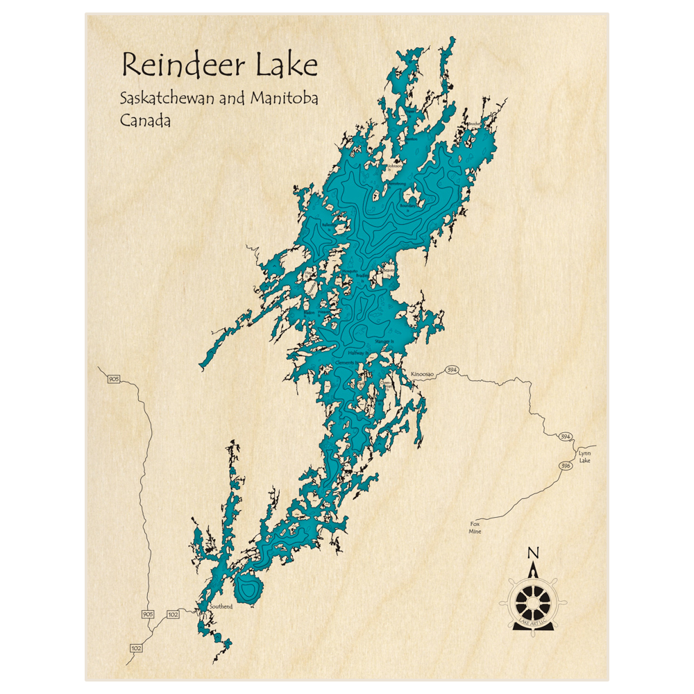 Bathymetric topo map of Reindeer Lake with roads, towns and depths noted in blue water