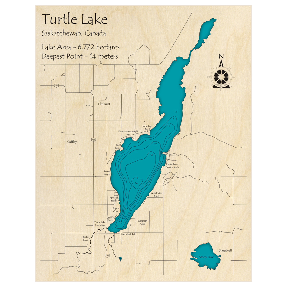 Bathymetric topo map of Turtle Lake (METRIC) with roads, towns and depths noted in blue water