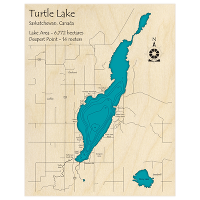 Bathymetric topo map of Turtle Lake (METRIC) with roads, towns and depths noted in blue water