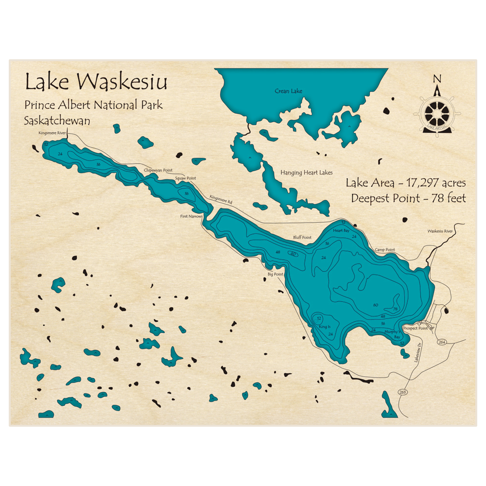 Bathymetric topo map of Lake Waskesiu with roads, towns and depths noted in blue water
