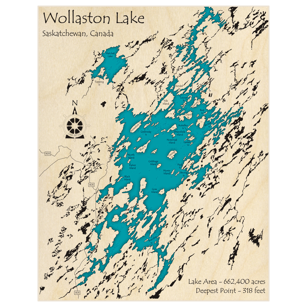 Bathymetric topo map of Wollaston Lake with roads, towns and depths noted in blue water