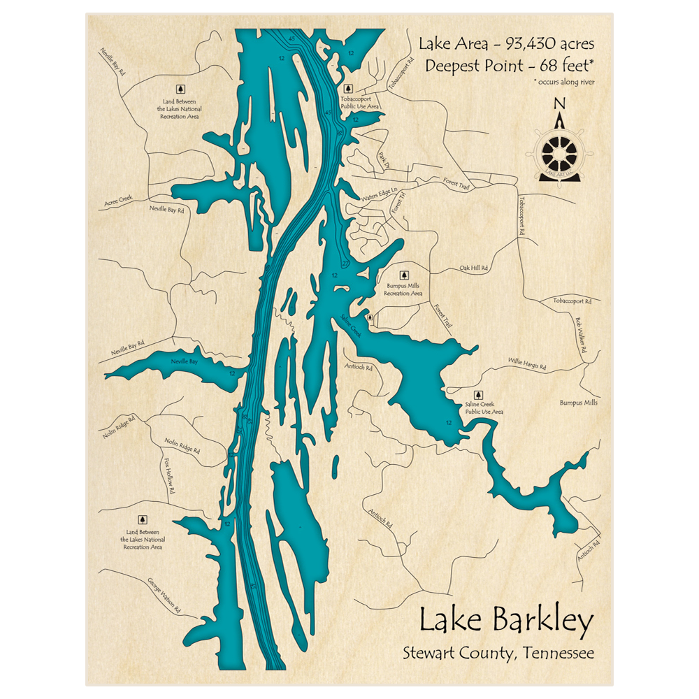 Bathymetric topo map of Lake Barkley (Southern Section) with roads, towns and depths noted in blue water