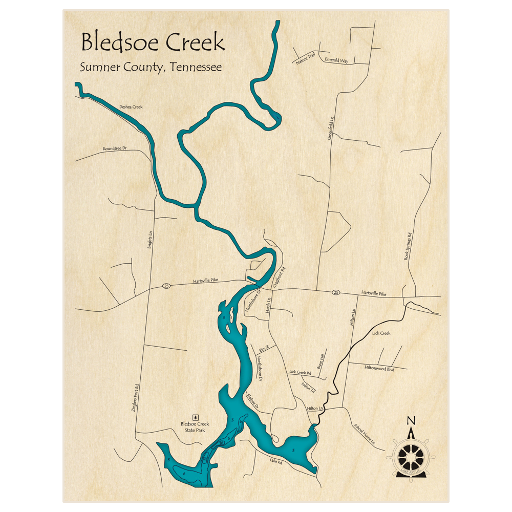 Bathymetric topo map of Bledsoe Creek near HWY 25 (NOT A 3D MAP) with roads, towns and depths noted in blue water