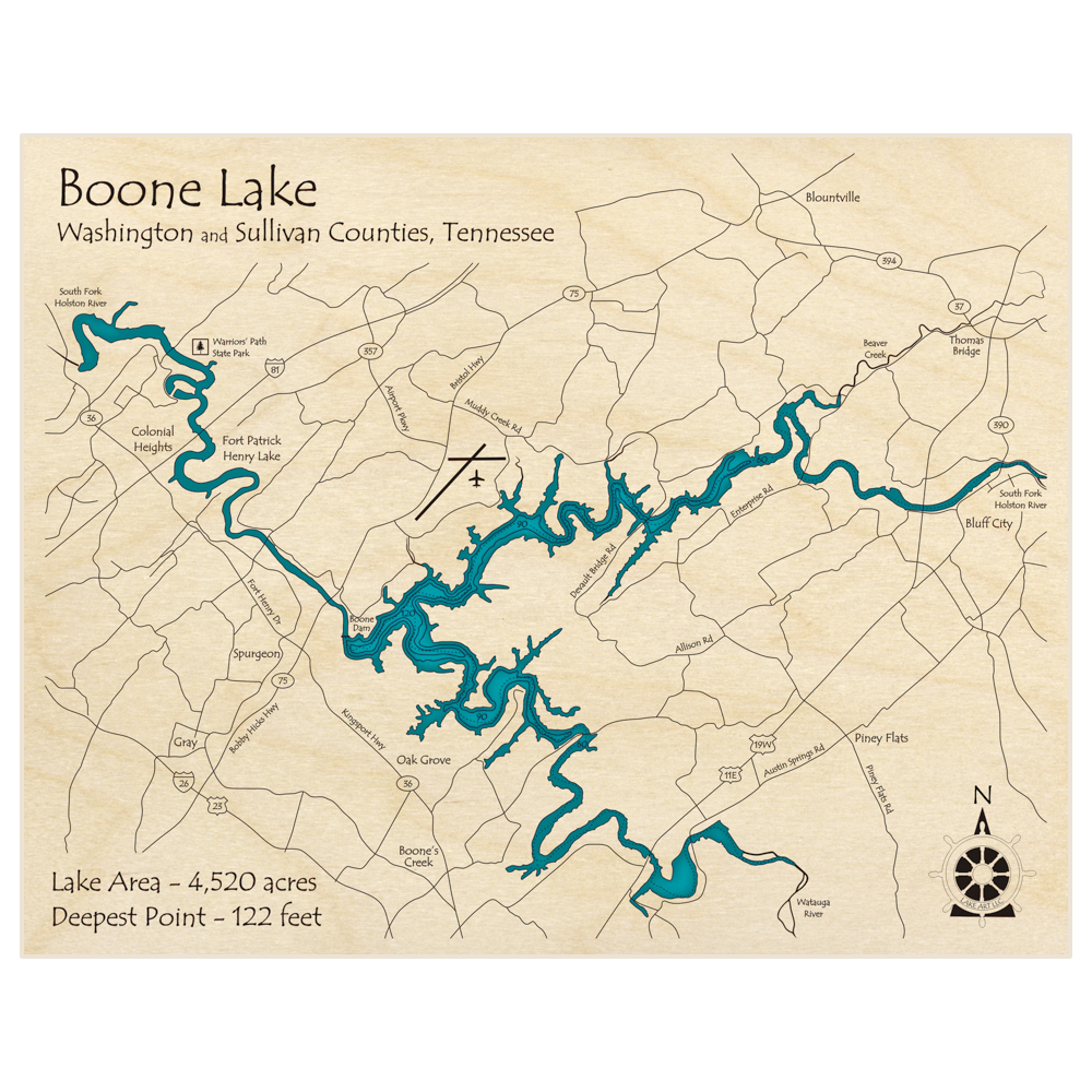 Bathymetric topo map of Boone Lake (zoomed out) with roads, towns and depths noted in blue water