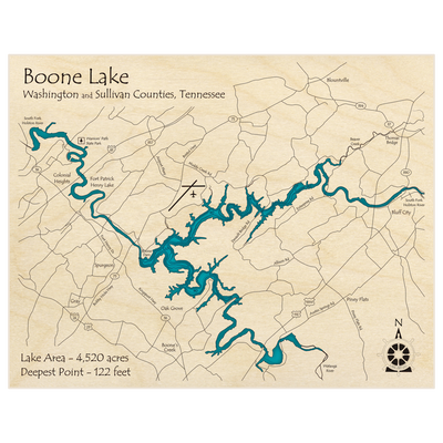 Bathymetric topo map of Boone Lake (zoomed out) with roads, towns and depths noted in blue water