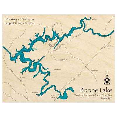 Bathymetric topo map of Boone Lake (zoomed in) with roads, towns and depths noted in blue water