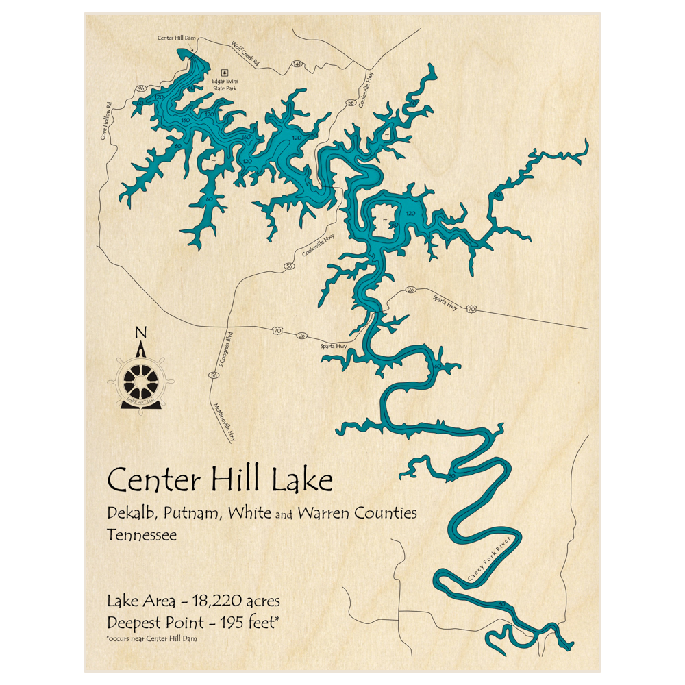 Bathymetric topo map of Center Hill Lake with roads, towns and depths noted in blue water