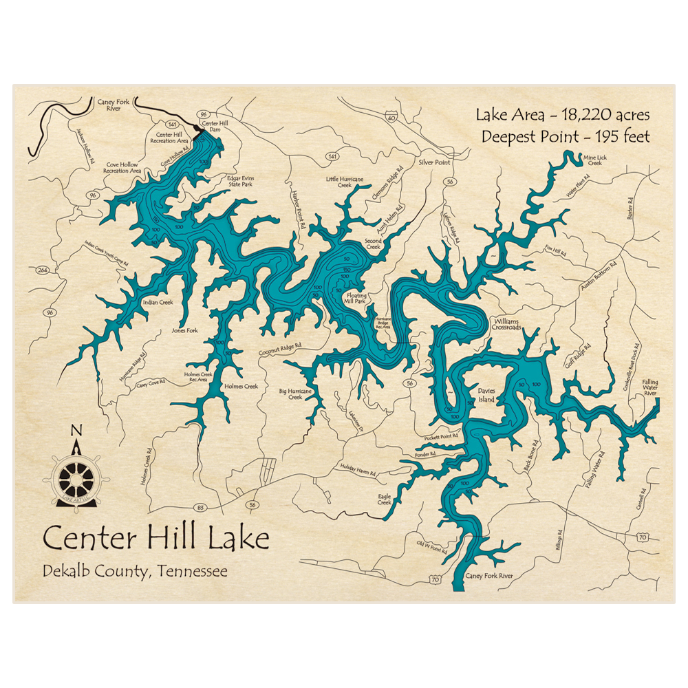 Bathymetric topo map of Center Hill Lake (From Dam to Hwy 70 Bridge) with roads, towns and depths noted in blue water