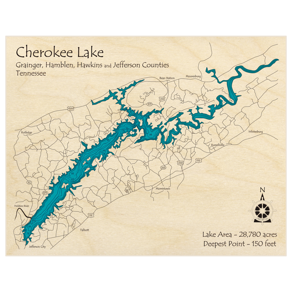 Bathymetric topo map of Cherokee Lake with roads, towns and depths noted in blue water