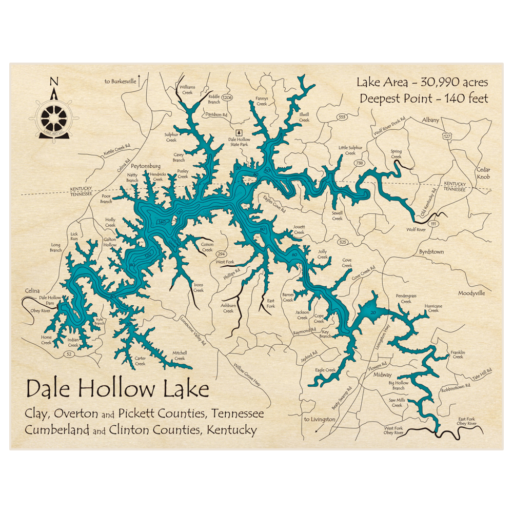 Bathymetric topo map of Dale Hollow Lake with roads, towns and depths noted in blue water