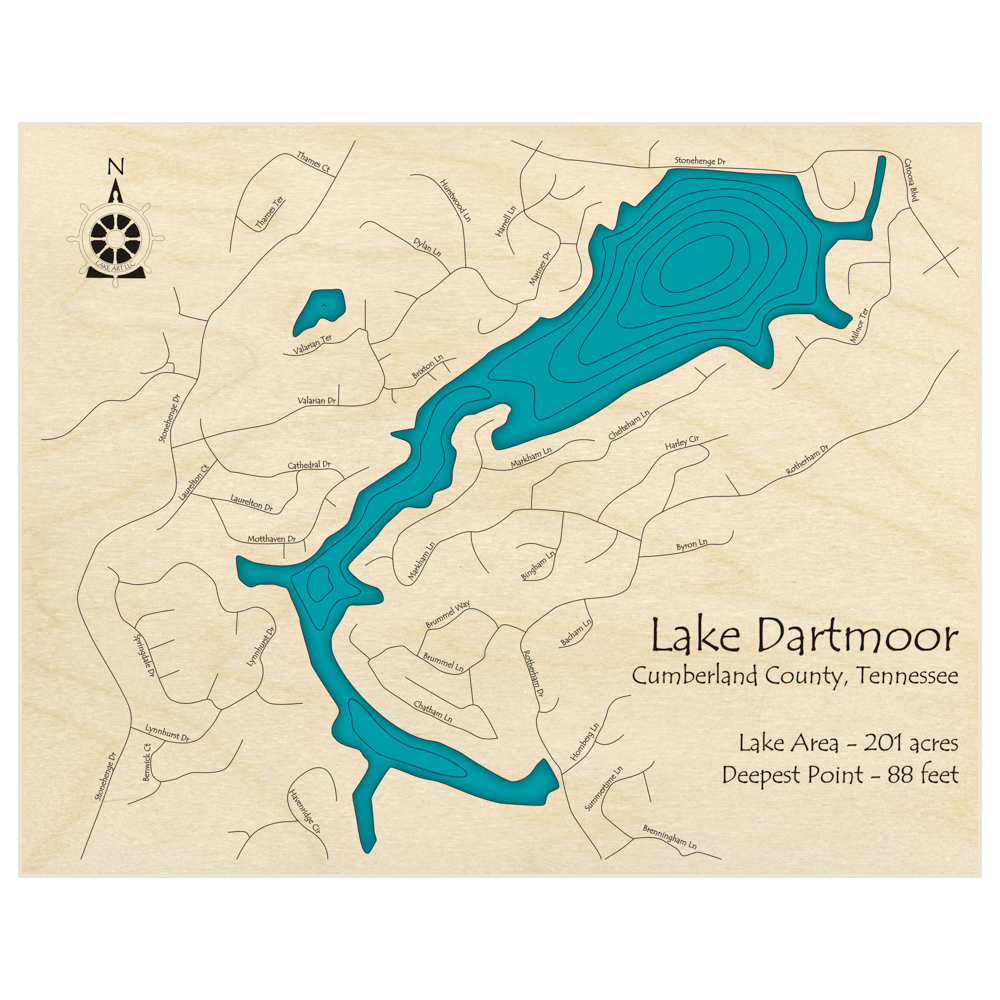Bathymetric topo map of Lake Dartmoor with roads, towns and depths noted in blue water