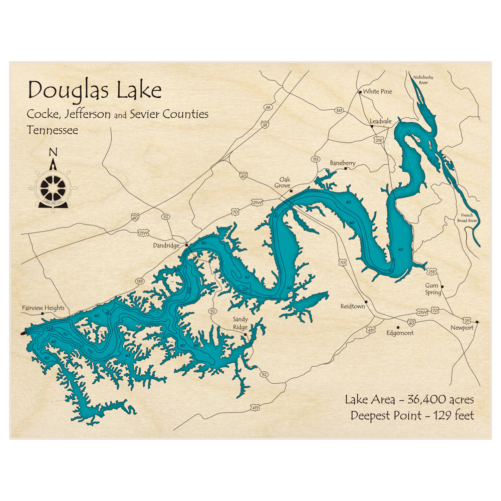 Bathymetric topo map of Douglas Lake with roads, towns and depths noted in blue water