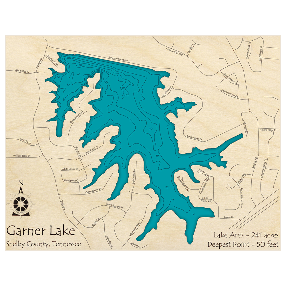 Bathymetric topo map of Garner Lake with roads, towns and depths noted in blue water