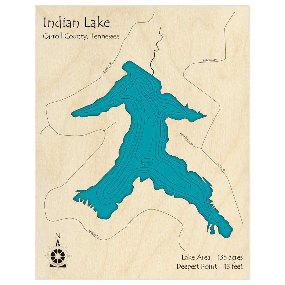 Bathymetric topo map of Indian Lake with roads, towns and depths noted in blue water
